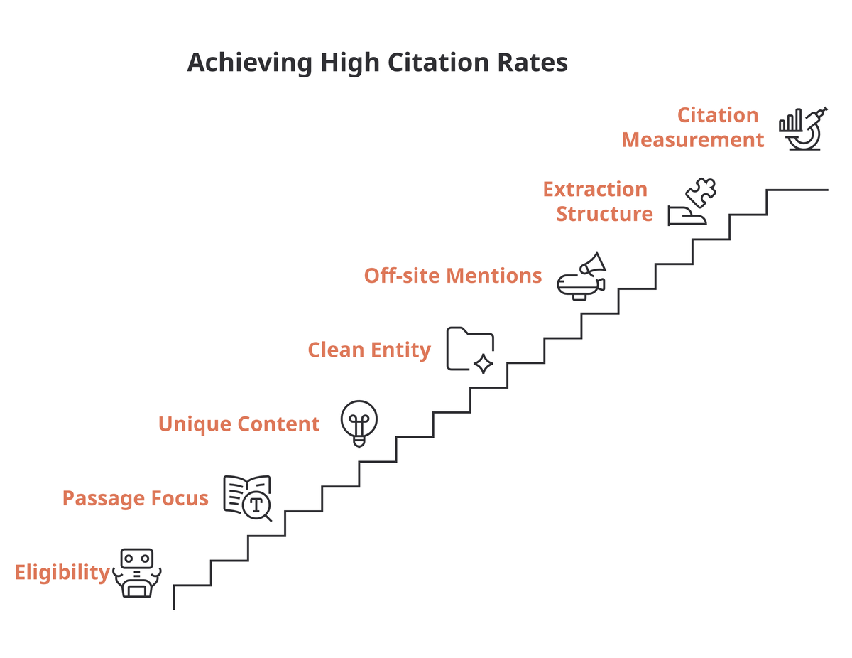 A seven-step staircase from retrieved to cited: eligibility, passage focus, unique content, clean entity, off-site mentions, extraction structure, and citation measurement.